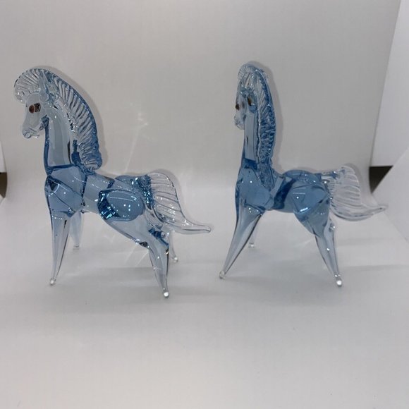 Vintage Mexican Art Glass Horse Blue And Clear Hand Blown 9" Rearing Stallion - Picture 5 of 12